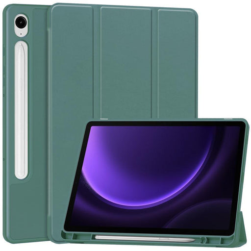 For Samsung Galaxy Tab S9 FE 10.9 Leather Case Tri-fold Stand Pen Slot Tablet Cover - Blackish Green - buy-cases