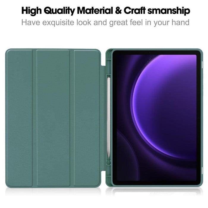 For Samsung Galaxy Tab S9 FE 10.9 Leather Case Tri-fold Stand Pen Slot Tablet Cover - Blackish Green - buy-cases