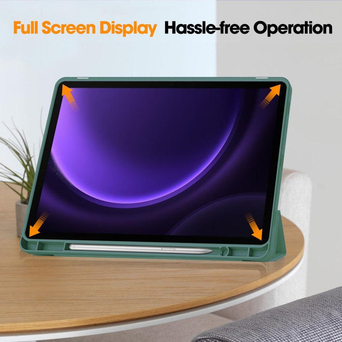 For Samsung Galaxy Tab S9 FE 10.9 Leather Case Tri-fold Stand Pen Slot Tablet Cover - Blackish Green - buy-cases