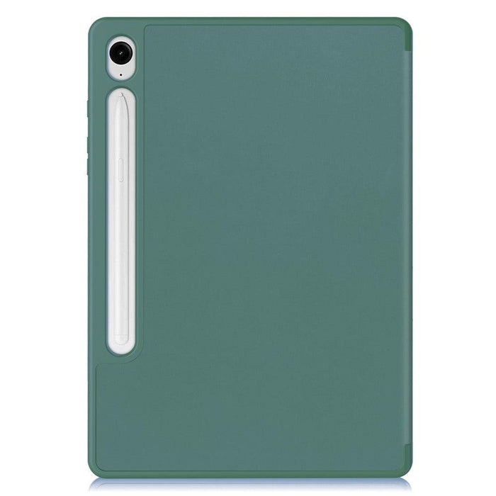 For Samsung Galaxy Tab S9 FE 10.9 Leather Case Tri-fold Stand Pen Slot Tablet Cover - Blackish Green - buy-cases