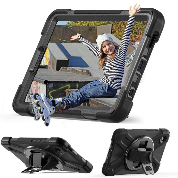 For Samsung Galaxy Tab A9 8.7 Case Rotary Kickstand PC+Silicone Hand Strap Tablet Cover - Black - buy-cases