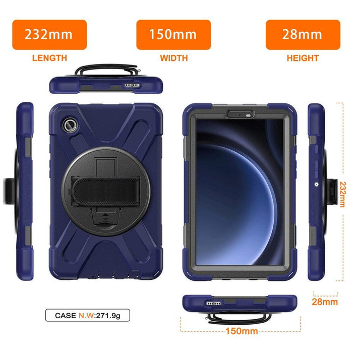 For Samsung Galaxy Tab A9 8.7 Case Rotary Kickstand PC+Silicone Hand Strap Tablet Cover - Navy Blue - buy-cases