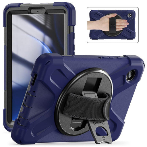 For Samsung Galaxy Tab A9 8.7 Case Rotary Kickstand PC+Silicone Hand Strap Tablet Cover - Navy Blue - buy-cases