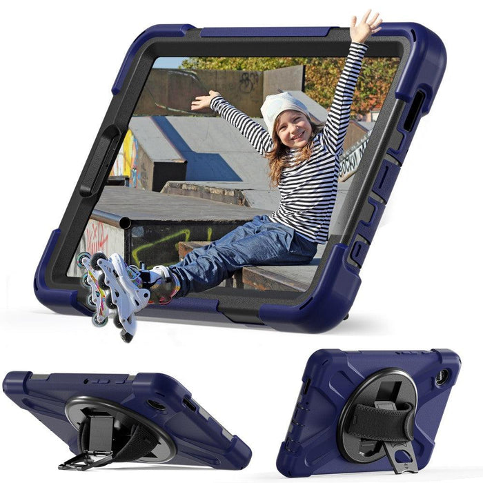 For Samsung Galaxy Tab A9 8.7 Case Rotary Kickstand PC+Silicone Hand Strap Tablet Cover - Navy Blue - buy-cases