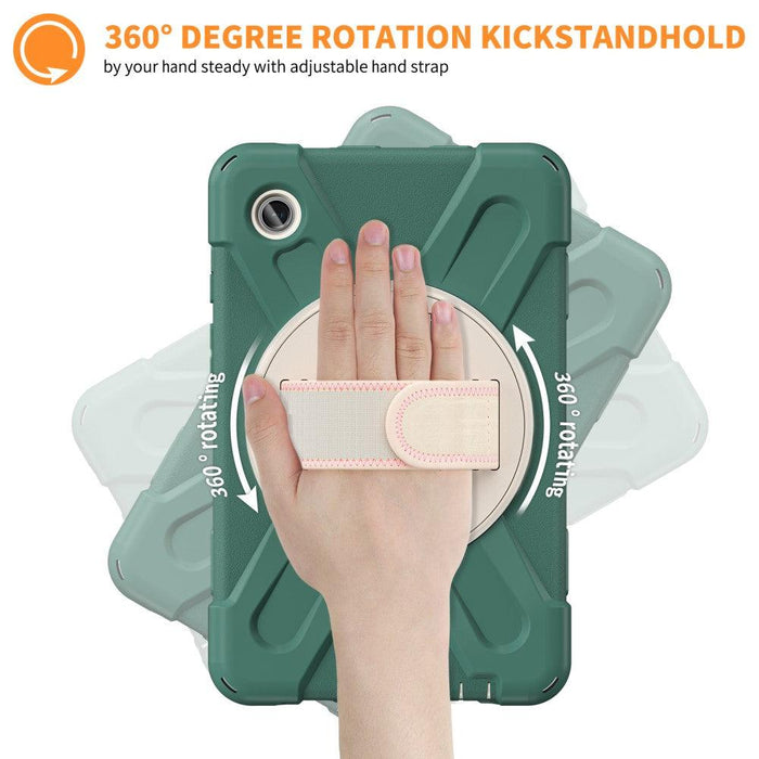 For Samsung Galaxy Tab A9 8.7 Case Rotary Kickstand PC+Silicone Hand Strap Tablet Cover - Emerald Green - buy-cases