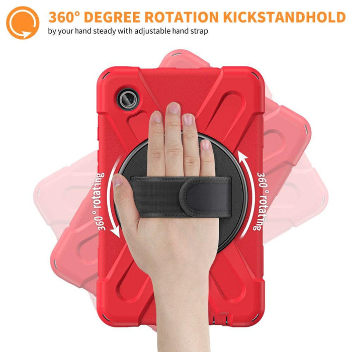 For Samsung Galaxy Tab A9 8.7 Case Rotary Kickstand PC+Silicone Hand Strap Tablet Cover - Red - buy-cases