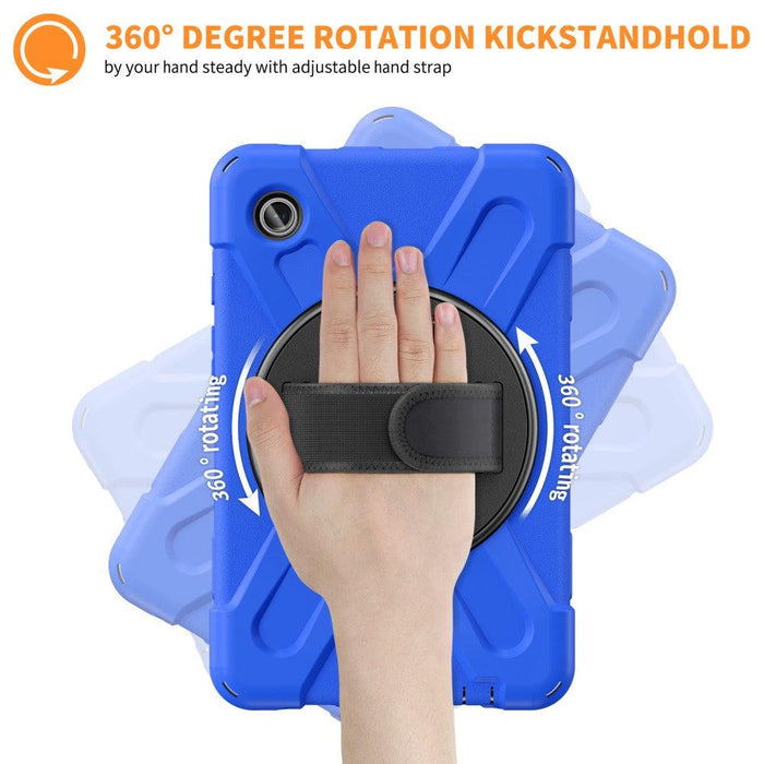 For Samsung Galaxy Tab A9 8.7 Case Rotary Kickstand PC+Silicone Hand Strap Tablet Cover - Blue - buy-cases