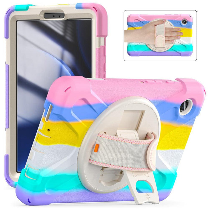 For Samsung Galaxy Tab A9 8.7 Case Rotary Kickstand PC+Silicone Hand Strap Tablet Cover - Colorful Pink - buy-cases