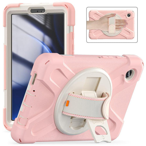 For Samsung Galaxy Tab A9 8.7 Case Rotary Kickstand PC+Silicone Hand Strap Tablet Cover - Pink - buy-cases