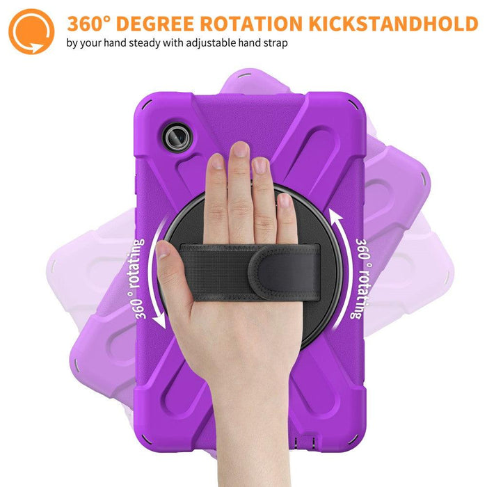 For Samsung Galaxy Tab A9 8.7 Case Rotary Kickstand PC+Silicone Hand Strap Tablet Cover - Purple - buy-cases