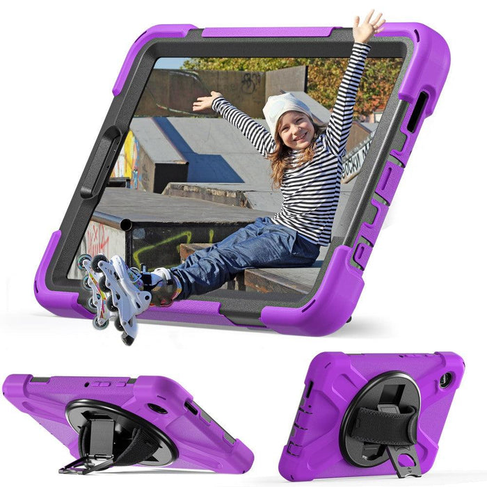 For Samsung Galaxy Tab A9 8.7 Case Rotary Kickstand PC+Silicone Hand Strap Tablet Cover - Purple - buy-cases