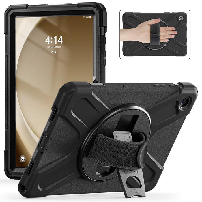 For Samsung Galaxy Tab A9 plus 11 Case PC+Silicone Rotary Kickstand Cover with Hand Strap - Black - buy-cases