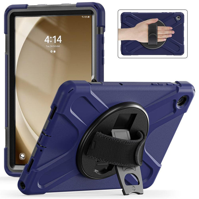 For Samsung Galaxy Tab A9 plus 11 Case PC+Silicone Rotary Kickstand Cover with Hand Strap - Navy Blue - buy-cases