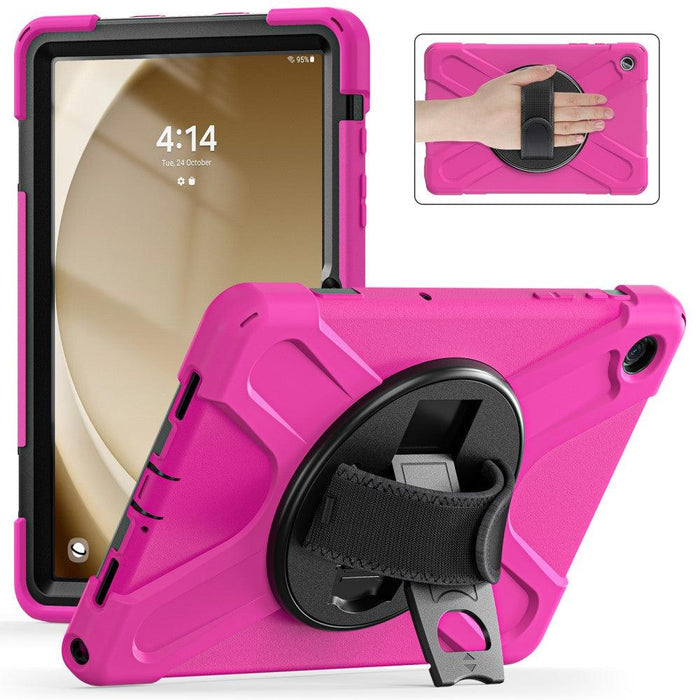 For Samsung Galaxy Tab A9 plus 11 Case PC+Silicone Rotary Kickstand Cover with Hand Strap - Rose - buy-cases