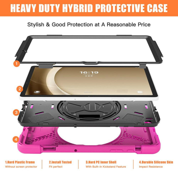 For Samsung Galaxy Tab A9 plus 11 Case PC+Silicone Rotary Kickstand Cover with Hand Strap - Rose - buy-cases