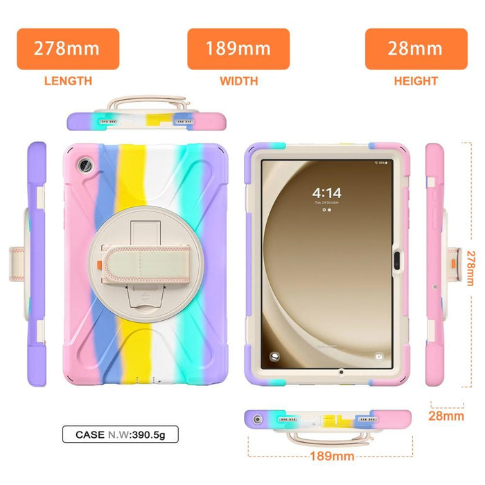 For Samsung Galaxy Tab A9 plus 11 Case PC+Silicone Rotary Kickstand Cover with Hand Strap - Colorful Pink - buy-cases