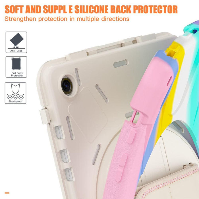 For Samsung Galaxy Tab A9 plus 11 Case PC+Silicone Rotary Kickstand Cover with Hand Strap - Colorful Pink - buy-cases