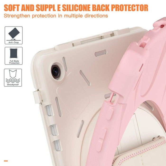 For Samsung Galaxy Tab A9 plus 11 Case PC+Silicone Rotary Kickstand Cover with Hand Strap - Pink - buy-cases