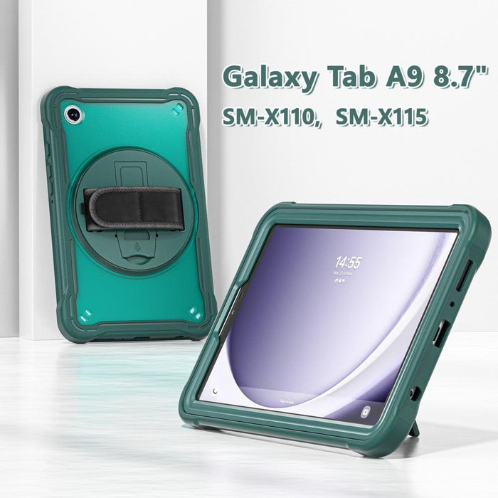 For Samsung Galaxy Tab A9 8.7 Case 360 Degree Rotary Kickstand Hand Strap Cover - Midnight Green - buy-cases