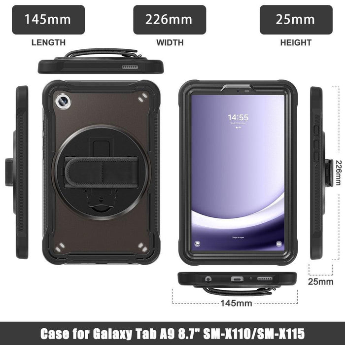 For Samsung Galaxy Tab A9 8.7 Case 360 Degree Rotary Kickstand Hand Strap Cover - Transparent Black - buy-cases