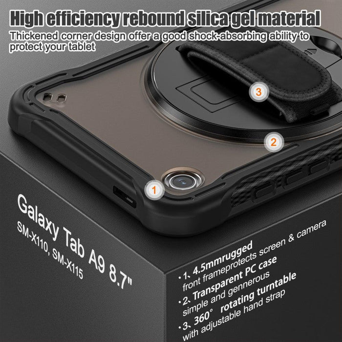 For Samsung Galaxy Tab A9 8.7 Case 360 Degree Rotary Kickstand Hand Strap Cover - Transparent Black - buy-cases